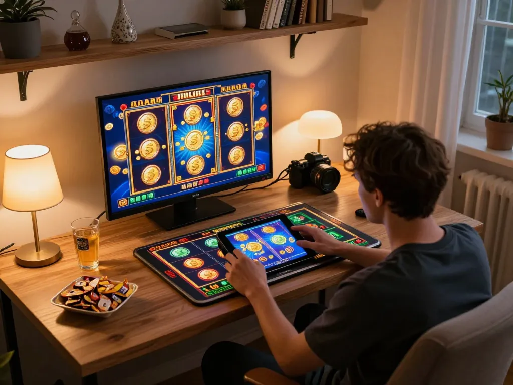 Active player enjoying lucks8 slot games on tablet in cozy home setup, snacks and warm lighting enhancing the atmosphere.