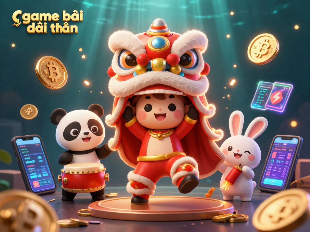 Experience game bài đổi thưởng with a lively lion dance and vibrant cryptocurrency elements.