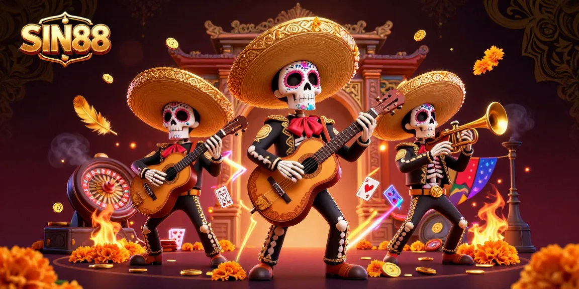 SIN88 illuminates a vibrant live casino scene with mariachi characters and gambling elements.