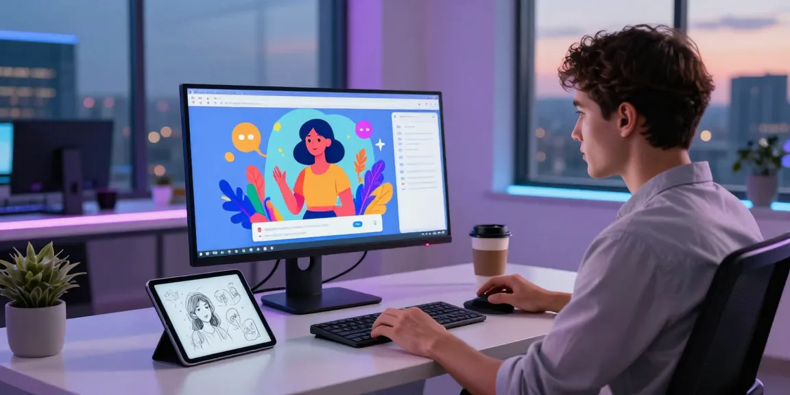 Interactive NSFW AI chat scene featuring user engaging with AI-generated characters in a modern workspace.
