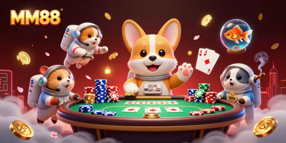 MM88's exciting space casino with a playful corgi, poker elements, and dynamic gaming atmosphere.