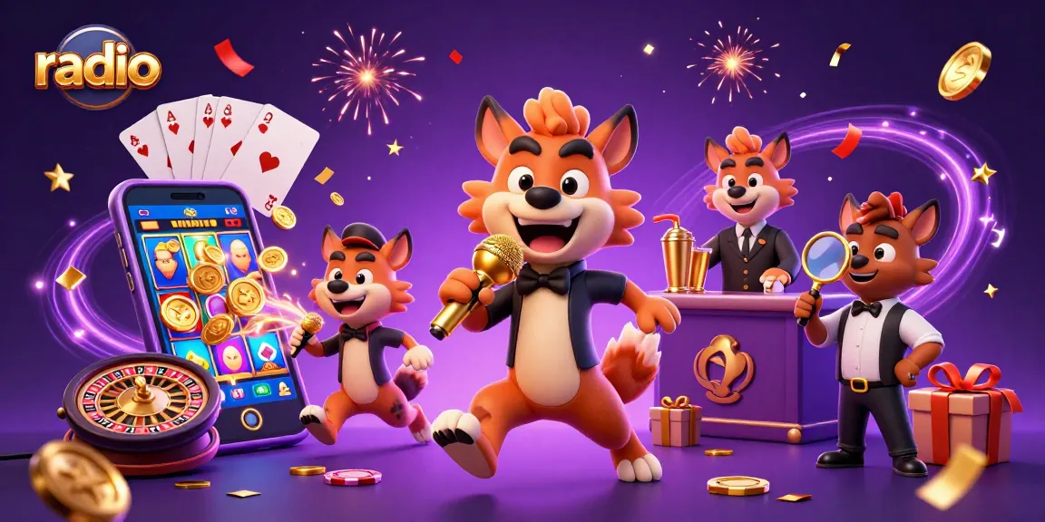 Radio-themed casino illustration featuring a comedian hyena, bartender, and bouncer with gaming elements.