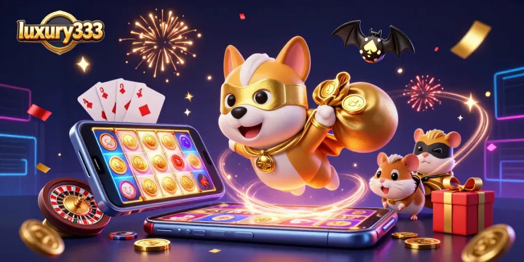 luxury333 menang besar dalam kasino dengan anjing superhero dan hamster, simbol chip poker, dan slot