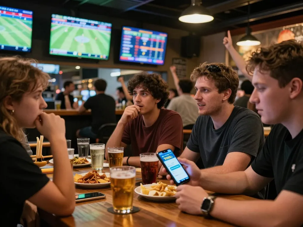 TR88 mobile betting in action at a bustling sports bar with friends