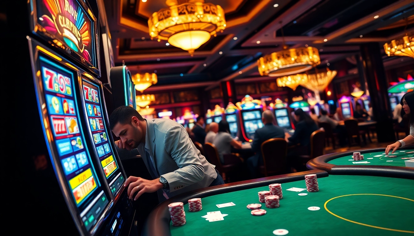 Excited player engaging with a slot gacor machine in a vibrant casino atmosphere.