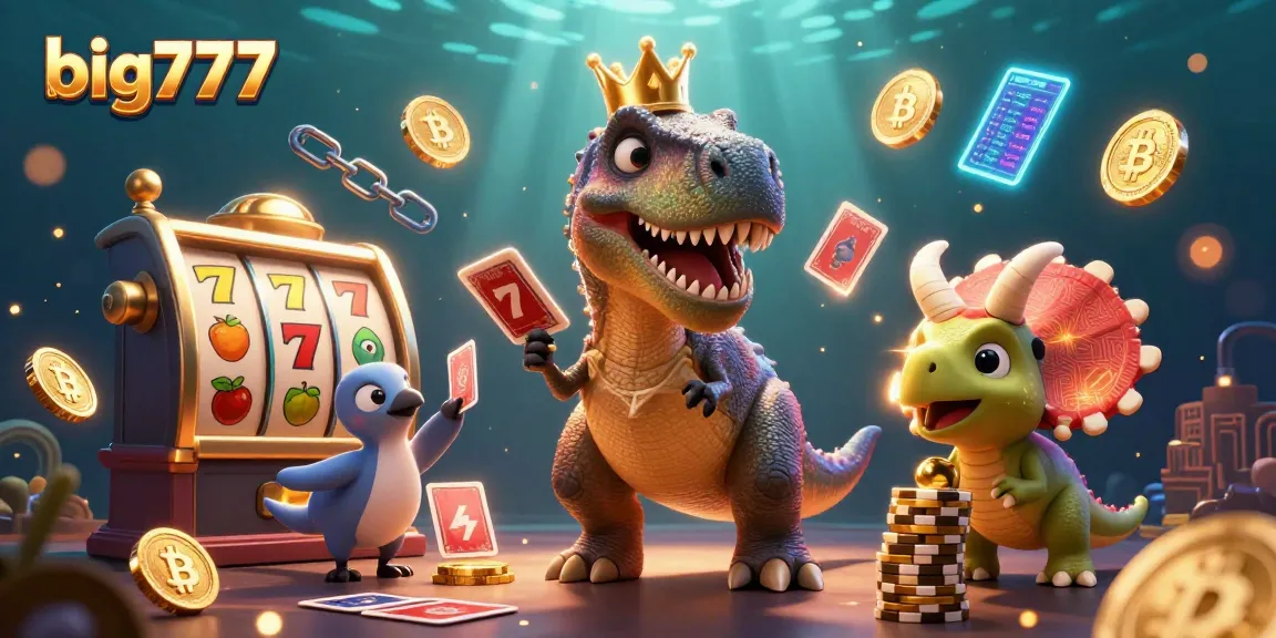 Big777 showcases a cartoon T-Rex shuffling cards with stacked chips, illustrating crypto casino excitement.
