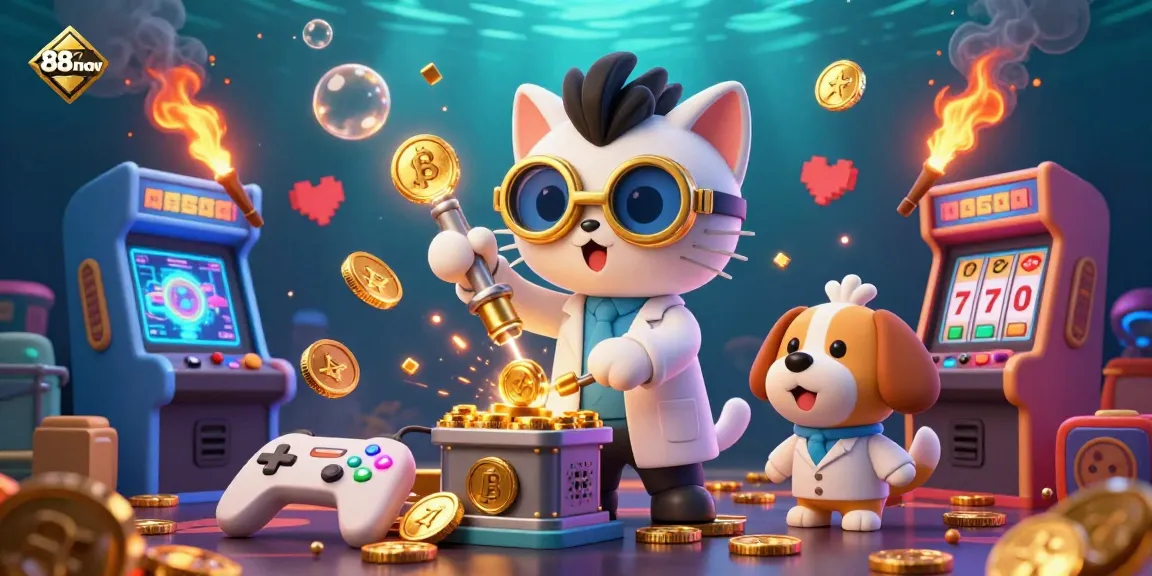 Experience 888now's gaming excitement in a vibrant, animated casino scene featuring interactive elements like golden coins and arcade machines.