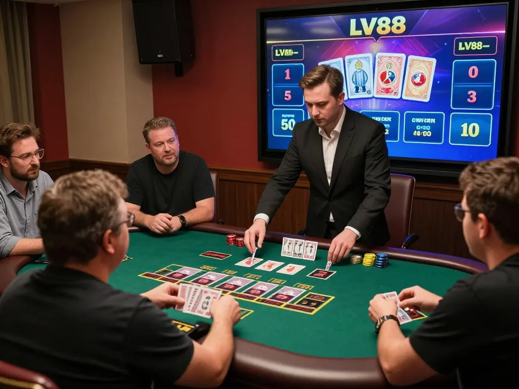 Players strategizing in an engaging LV88 live dealer blackjack game, showcasing high definition graphics and anticipation.