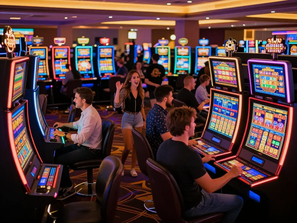 Engaged players celebrating big wins on kdslot77 slot machines in a vibrant casino atmosphere.