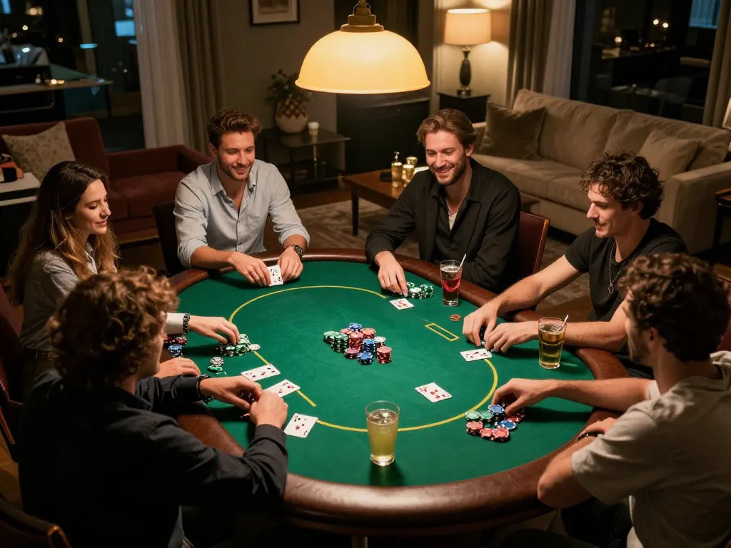 Action-packed poker game at home with friends showcasing situs idn poker excitement and camaraderie amidst chips and cards.