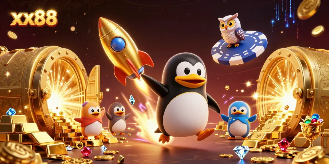 Win big with xx88's thrilling casino universe featuring a golden penguin and treasure.