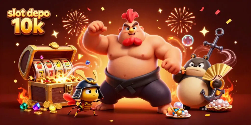 Menangkan slot depo 10k dengan karakter unik dalam ilustrasi kasino 3D yang penuh warna.