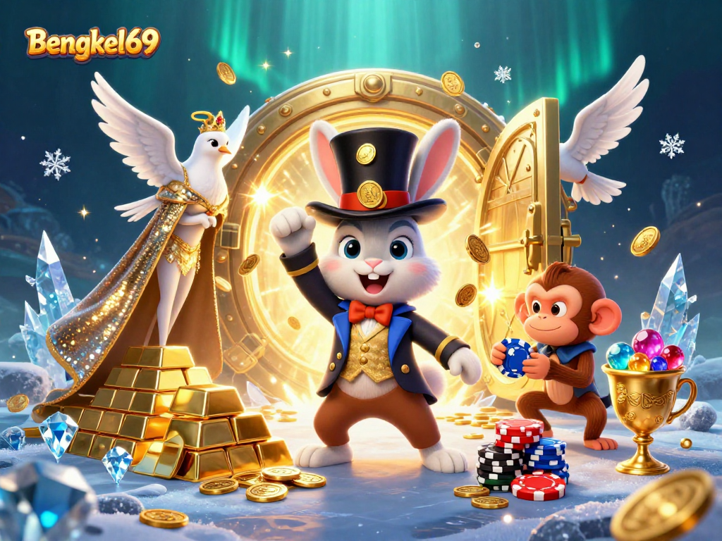 Bettors enjoy the festive atmosphere at Bengkel69, as a magician rabbit unveils golden treasures.