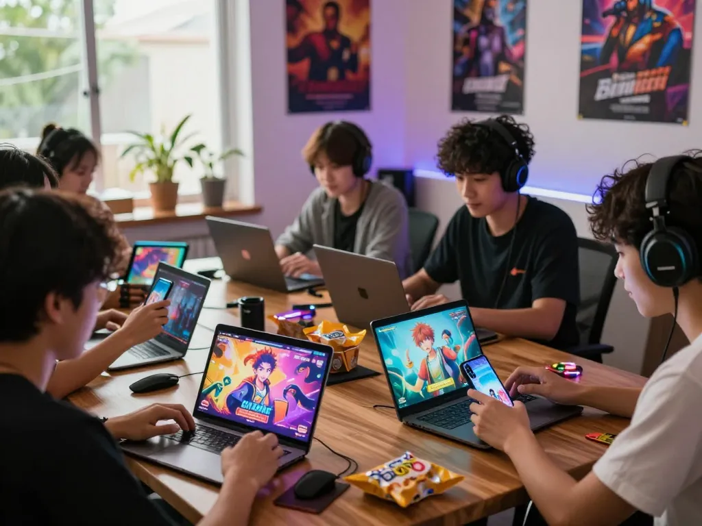 Players enjoying interactive porngames on devices in a vibrant gaming environment