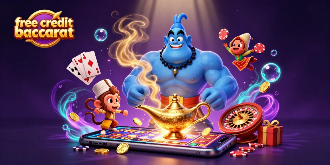 Engage in free credit baccarat with a dynamic scene featuring a genie, monkey, and magic carpet.