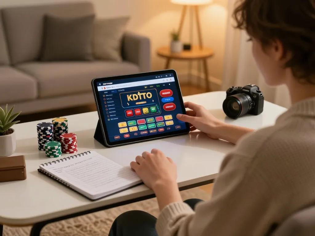 Player enjoys KDTOTO on a tablet with strategy notes and poker chips in a cozy home setting.