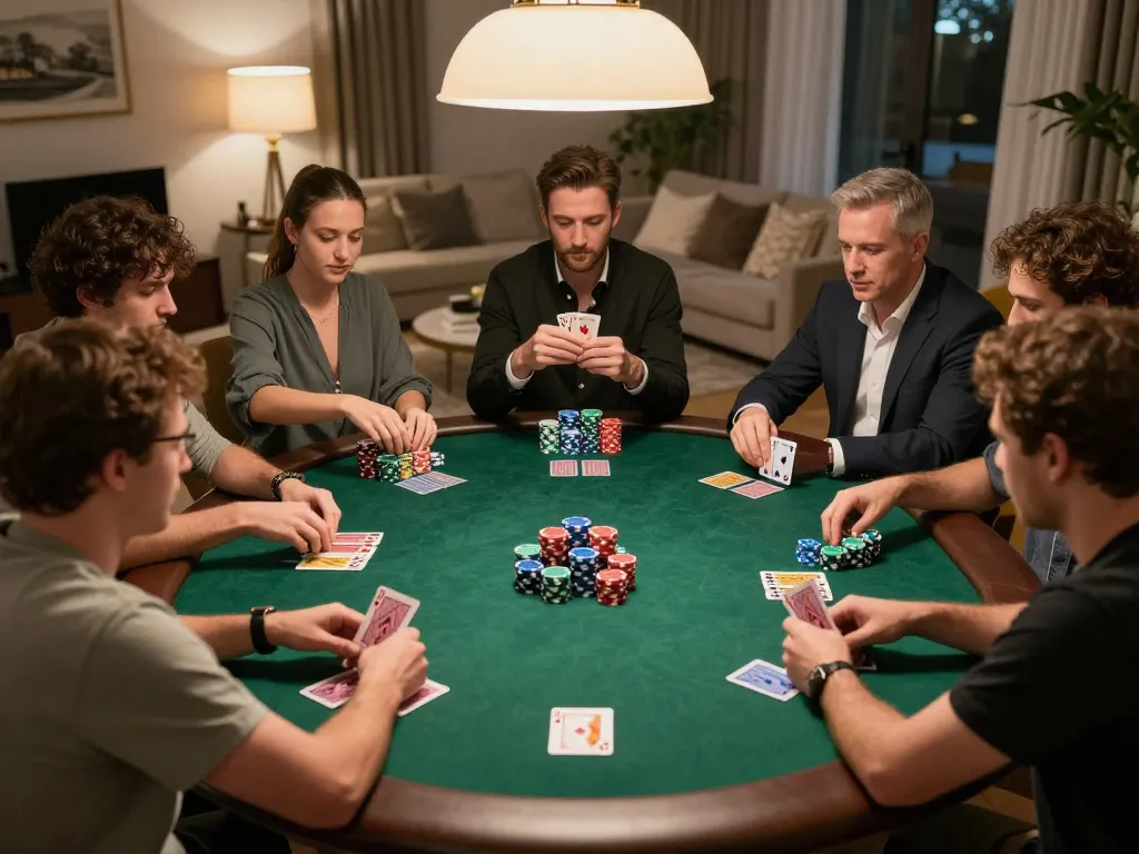 Players enjoy a strategic poker night at home with cm88-inspired decor, focused on their winning hands.
