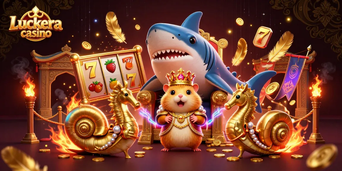 Engage with Luckera casino's vibrant 3D illustration of a golden hamster king, jousting amidst slot elements.