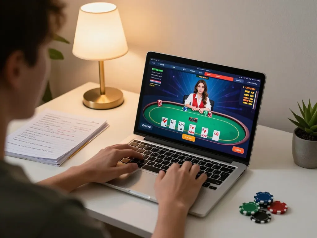 Engaged player using laptop for online gambling with incakoin branding visible on gaming interface.