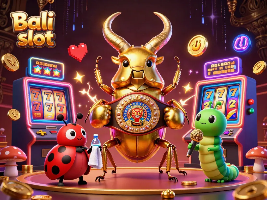 Experience Bali slot action with a lively golden stag beetle and vibrant casino elements.