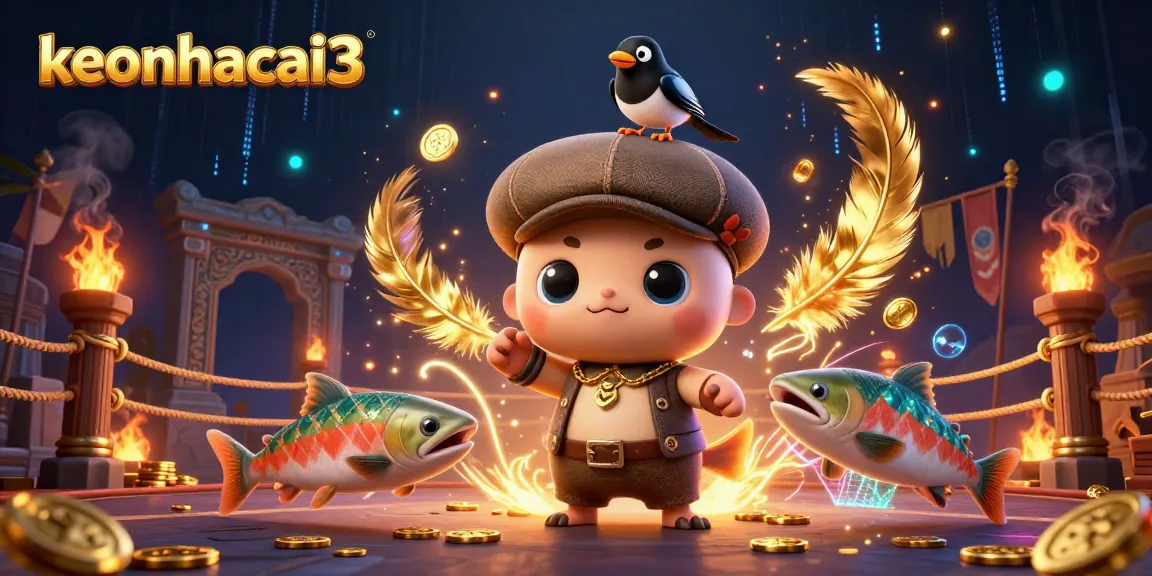 keonhacai3 showcases a playful baby Nessie and magpie in a vibrant 3D casino scene with golden elements