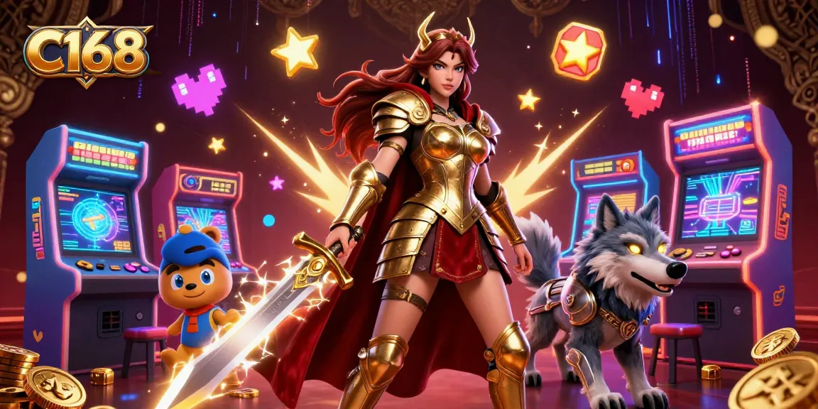 C168 offers an exciting gaming experience with a warrior queen and her wolf companion in a dynamic casino setting.