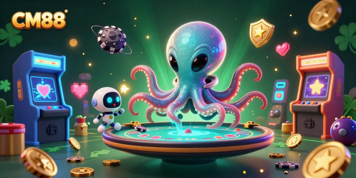 CM88 alien octopus playing poker in a colorful and vibrant casino scene with beeping robots.