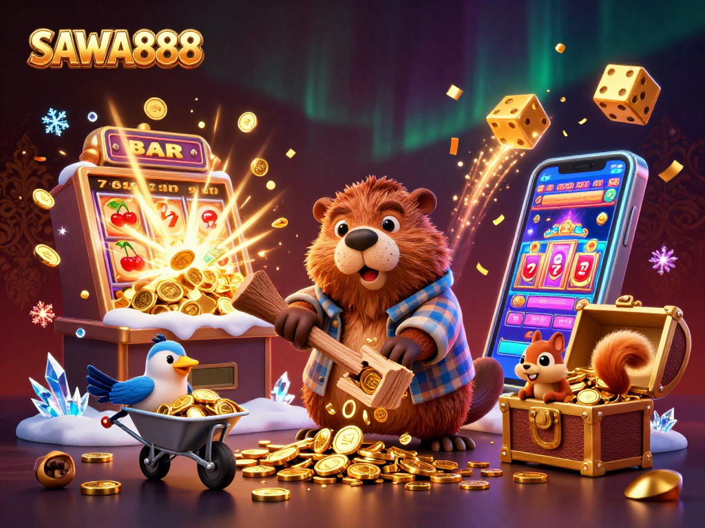SAWA888 jackpot scene with cartoon beaver, money raining and vibrant casino elements