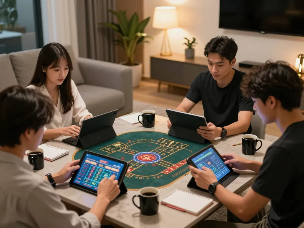 Players enjoying tài xỉu online strategy while engaging in friendly discussion during a home gaming session