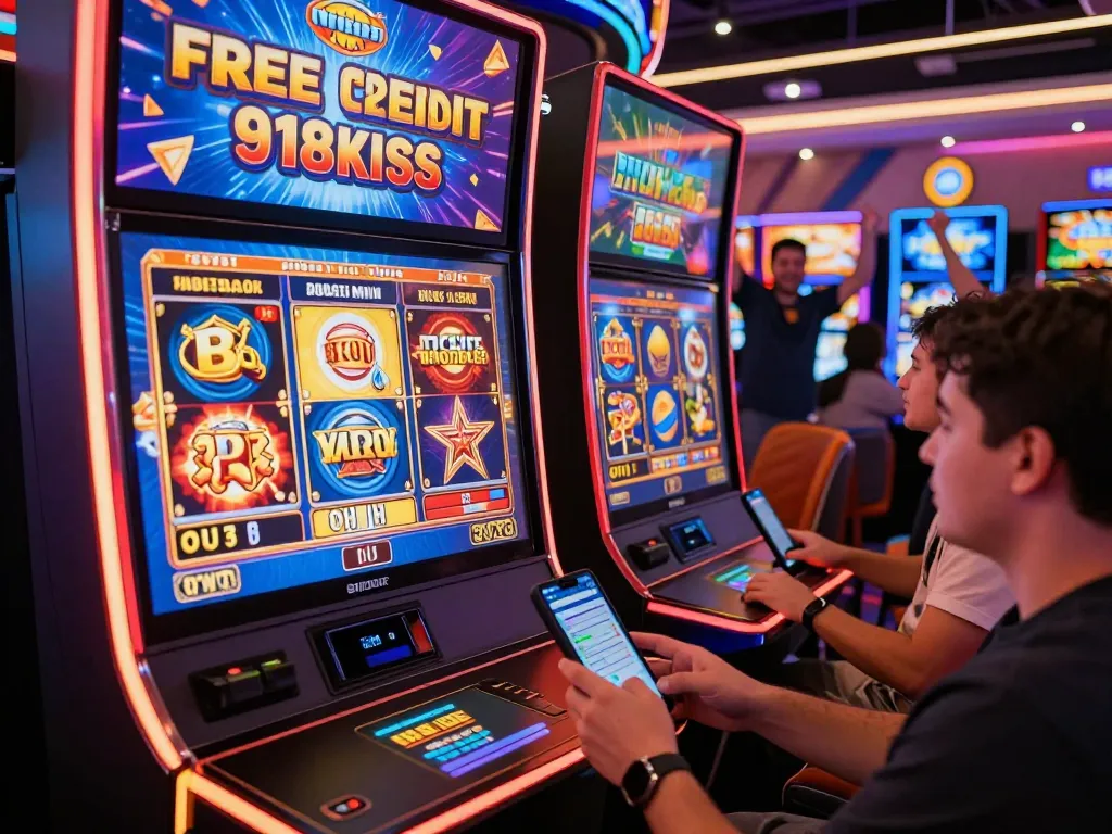 Exciting gaming scene featuring player claiming free credit 918kiss bonuses at a vibrant online casino.