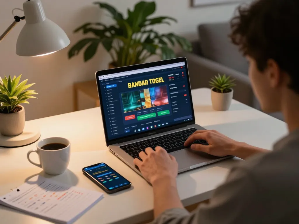 Player enjoying an engaging bandar togel online session on a laptop at home with cozy lighting