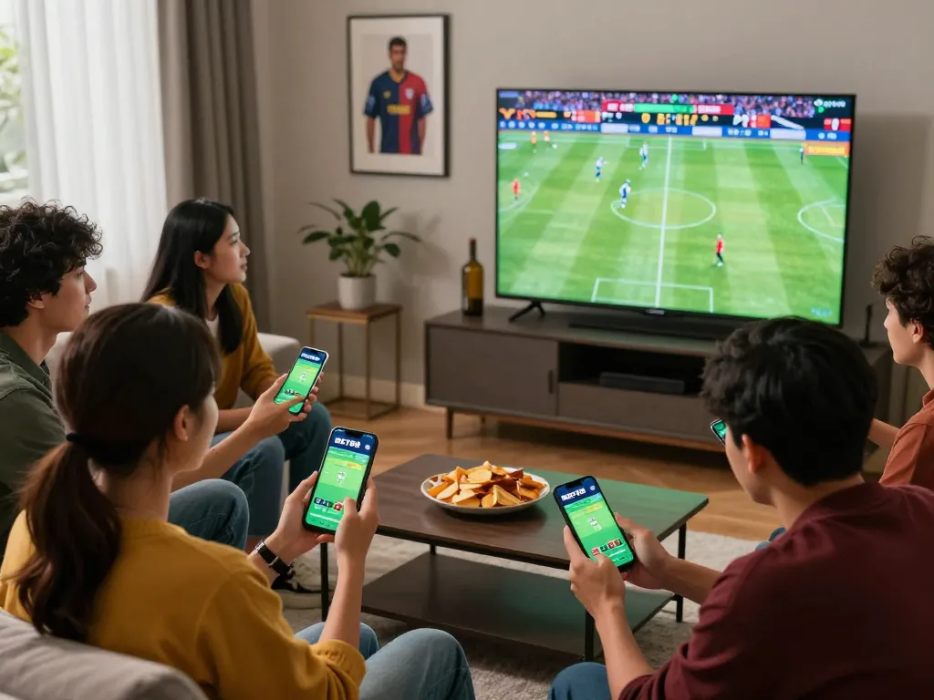 Friends engaging in live sports betting using the BET88 app during an exciting game night.