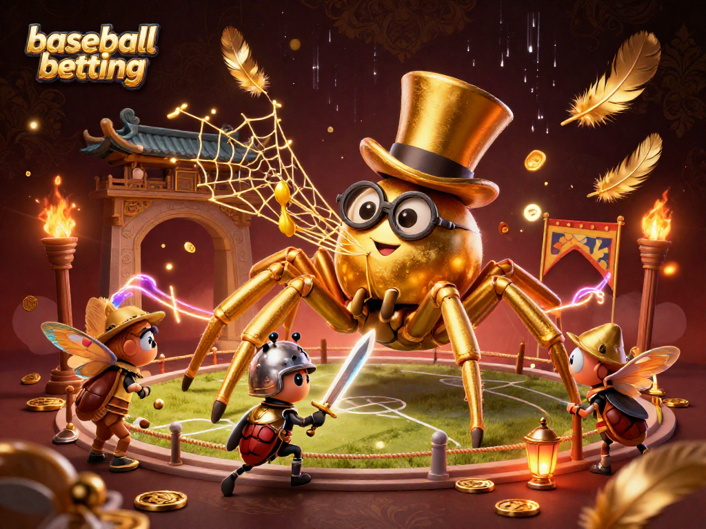 Bet on baseball betting with a daring beetle knight and a golden tarantula in a vibrant arena scene