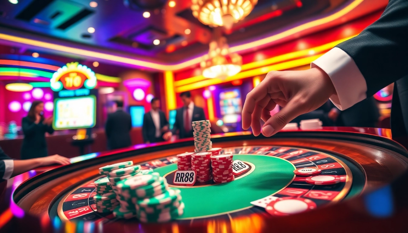 Exciting casino scene showing RR88-branded poker chips on a roulette table.