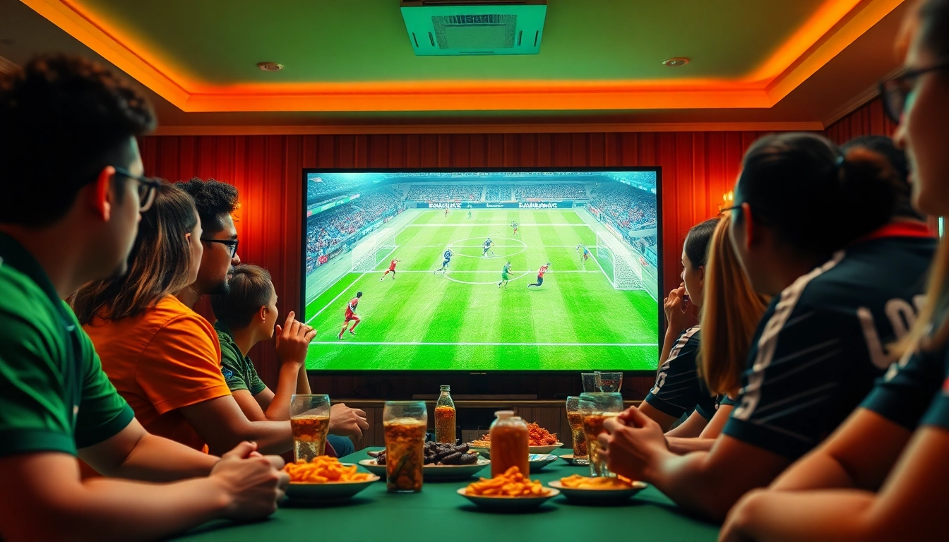 Excited fans enjoying football on LuongSonTV with HD display, snacks, and team spirit.