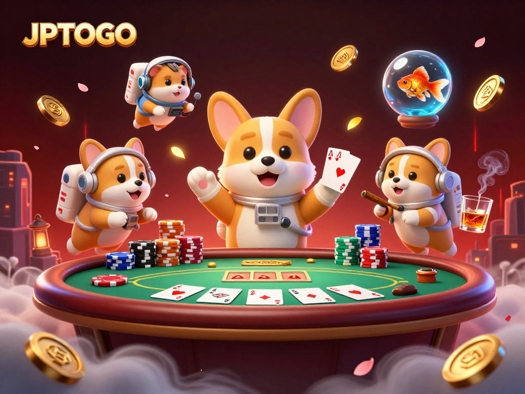 Experience the excitement of JPTOTO with vibrant floating poker elements and animated characters in a cosmic casino scene.