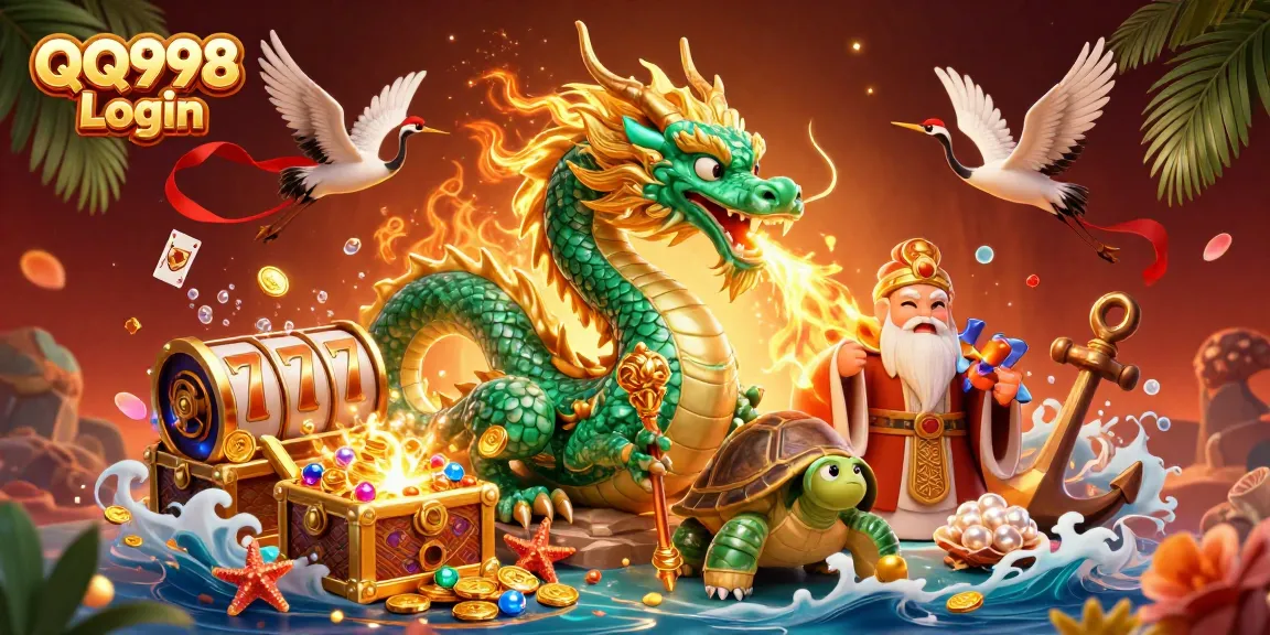 Experience seamless gaming on QQ998 Login with a dynamic scene filled with treasures, dragons, and casino elements.