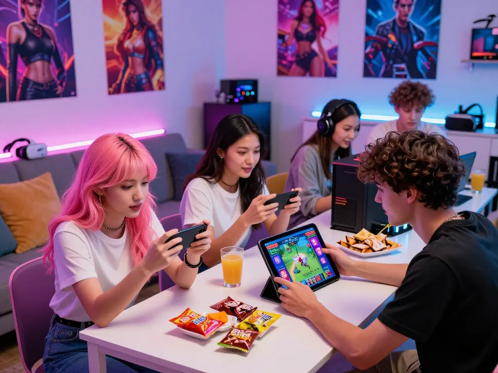 Enjoying mobile porn games in a vibrant gaming environment with friends, showcasing engaging technology and a lively atmosphere.