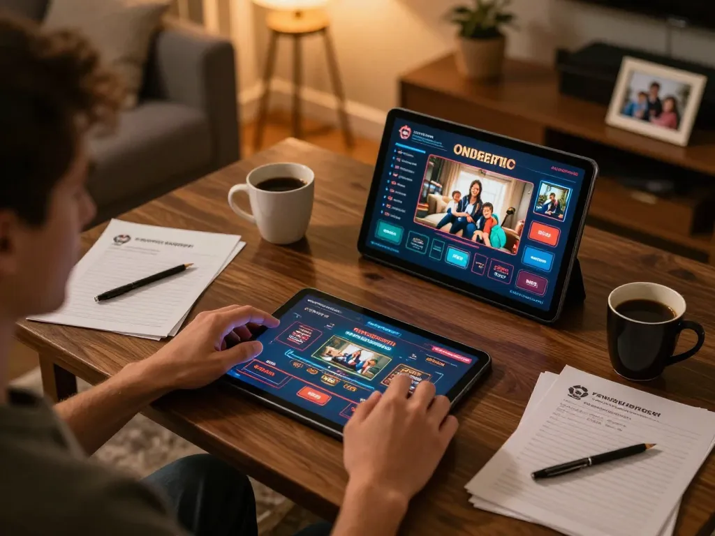 Engaging in free credit mega888 gaming session from home with tablet interface displayed.