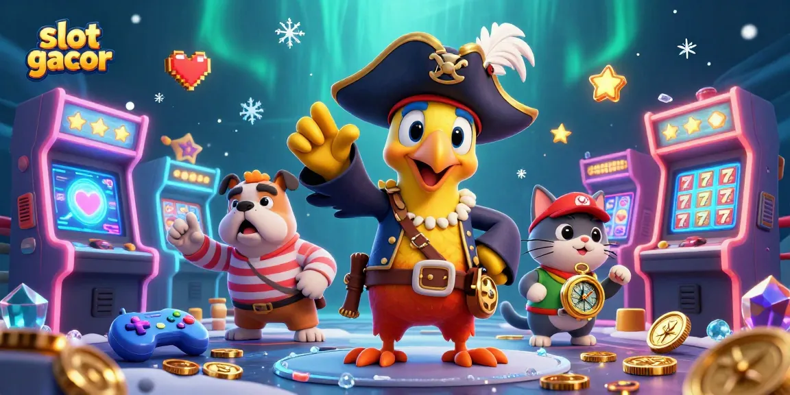 Memainkan slot gacor dengan karakter kucing navigator dan anjing teman di game arcade penuh warna.
