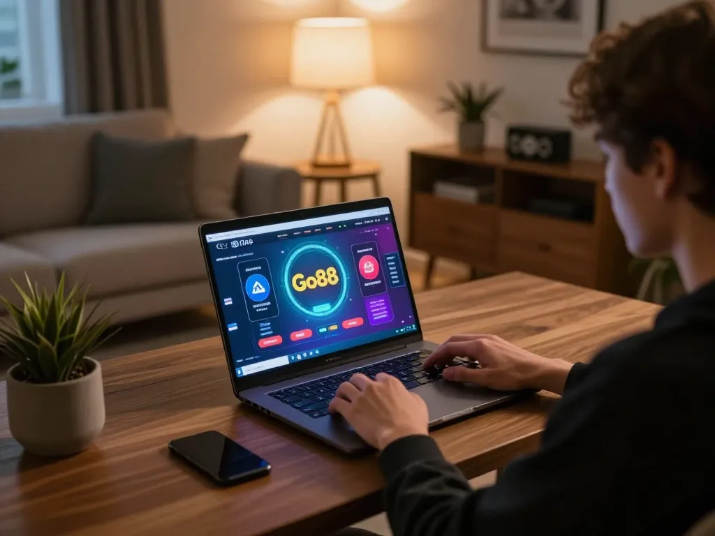 Tải Go88 interactively engaging with a vibrant online gambling interface on a laptop in a cozy gaming setup.