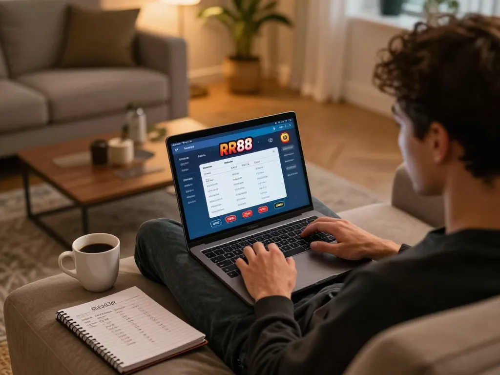 Using the RR88 App, a player enjoys online gambling from the comfort of home, highlighting a cozy gaming atmosphere.