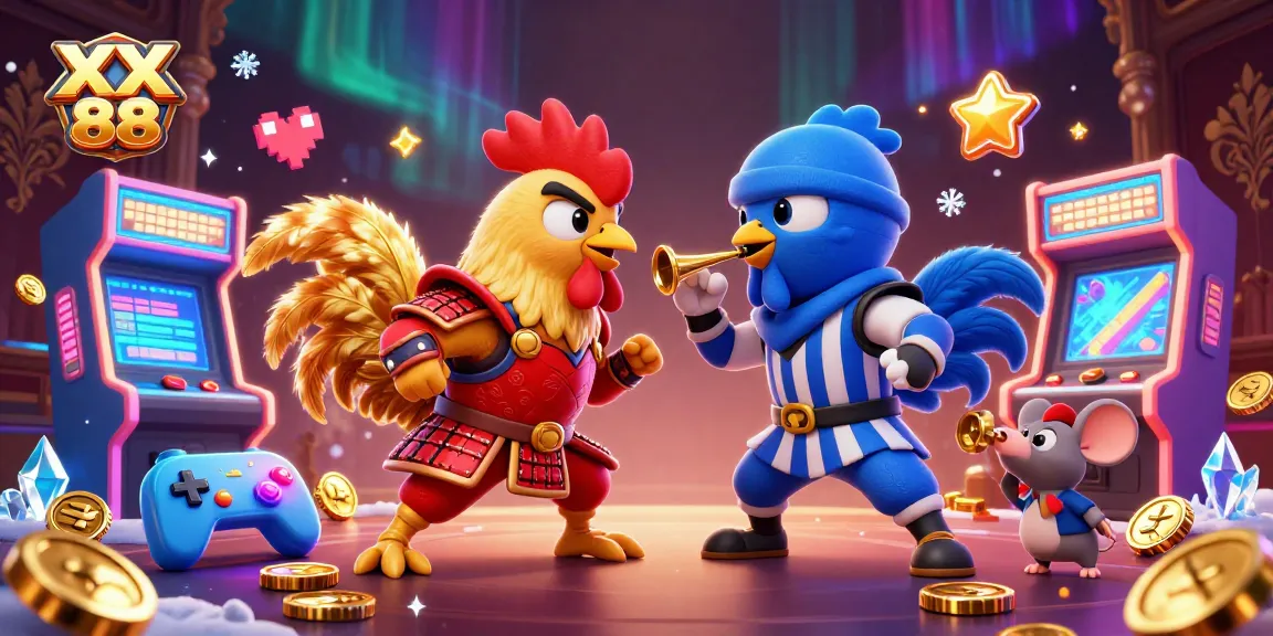 Experience the thrilling showdown of the XX 88 fighting roosters in a colorful casino scene.