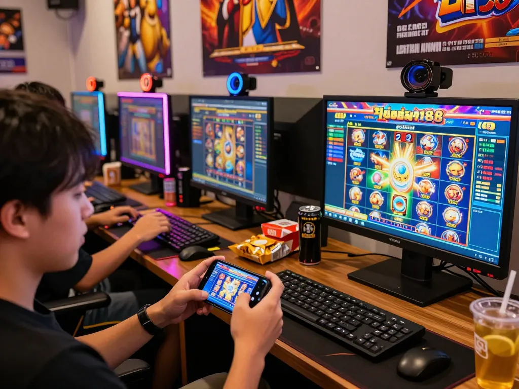 Gambaran menarik pemain yang terlibat dalam permainan laoban188 slot gacor terpercaya dengan grafik yang cerah dan suasana yang imersif.