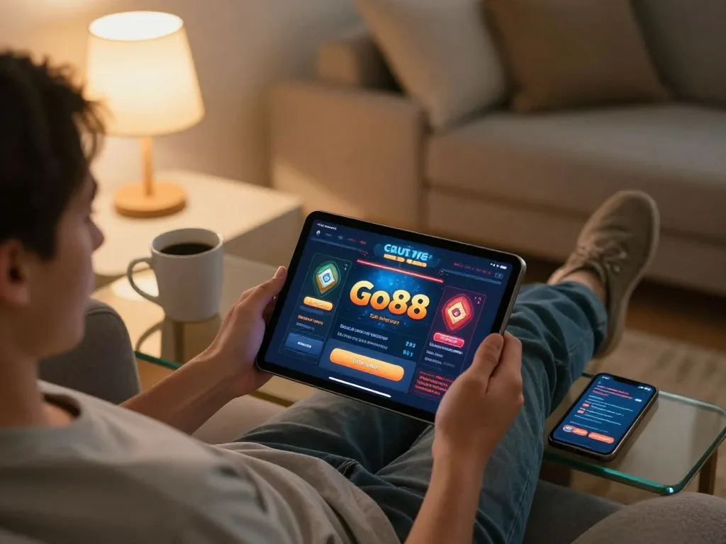 Tham gia Go88 trong một không gian ấm cúng tại nhà trong khi sử dụng ứng dụng casino trên máy tính bảng.