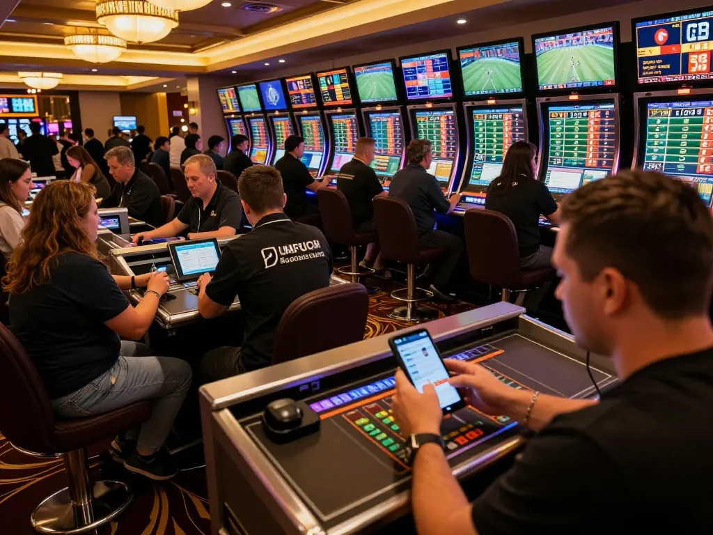 Soi Kèo sports bettors engaged in placing bets at a lively casino sports betting area.
