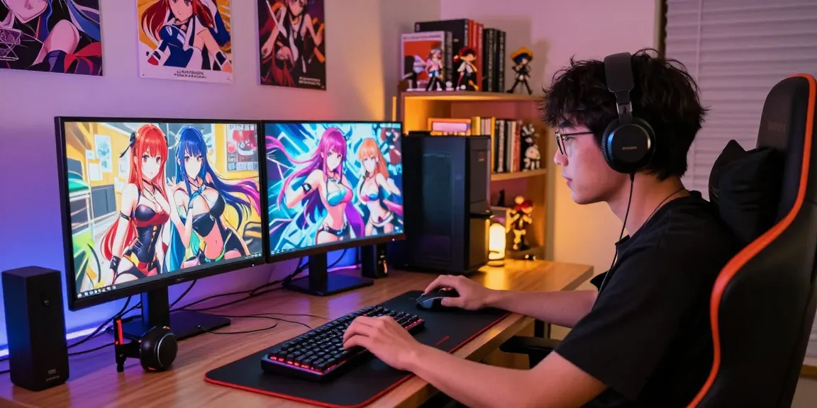 Player engrossed in a captivating ecchi game in a vibrant gaming setup.