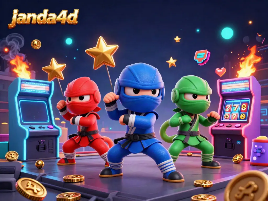 Tim ninja chameleon janda4d menunjukkan aksi menggigit dengan elemen kasino di sekitarnya.