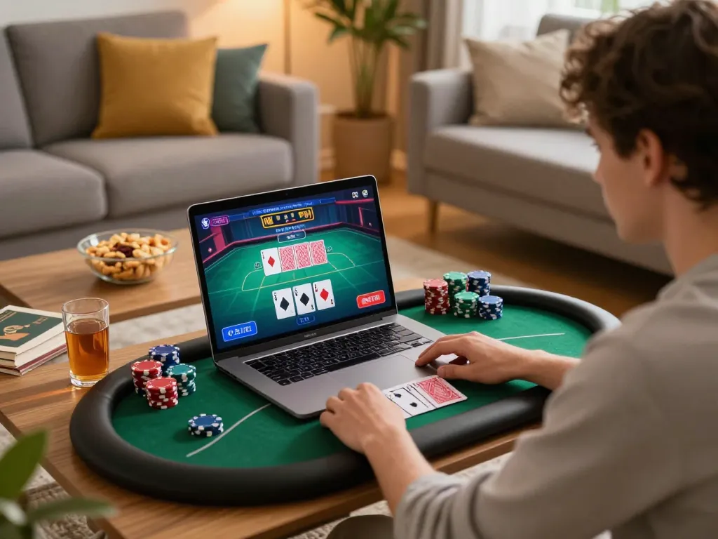 RUANGWD player strategizing poker gameplay on a laptop in a cozy home setting.