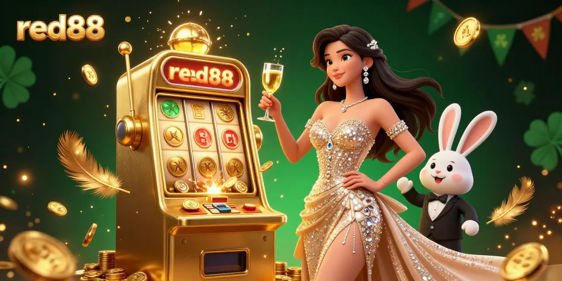 Toast with golden glass beside a jackpot slot machine at red88, full of coins and vibrant atmosphere.